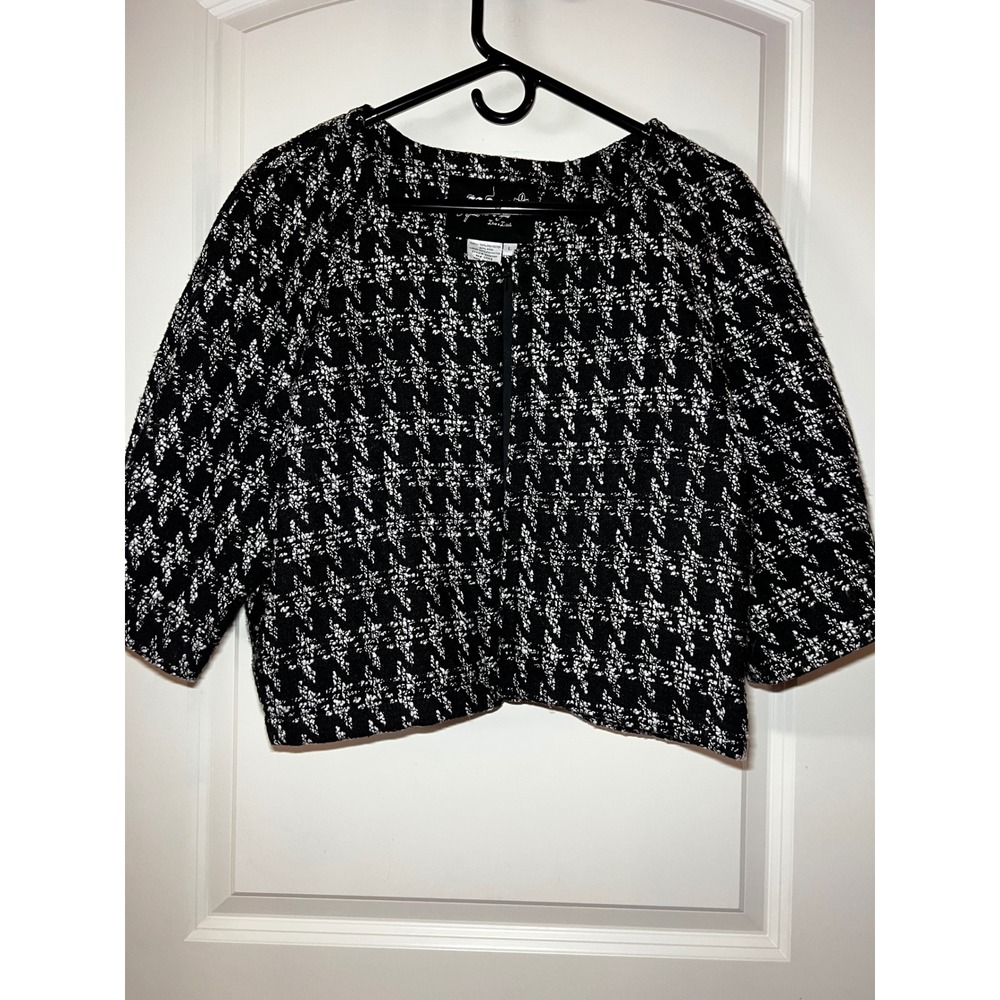 LAL Live a Little Black White Houndstooth Tweed Cropped Wool Jacket Blazer Women